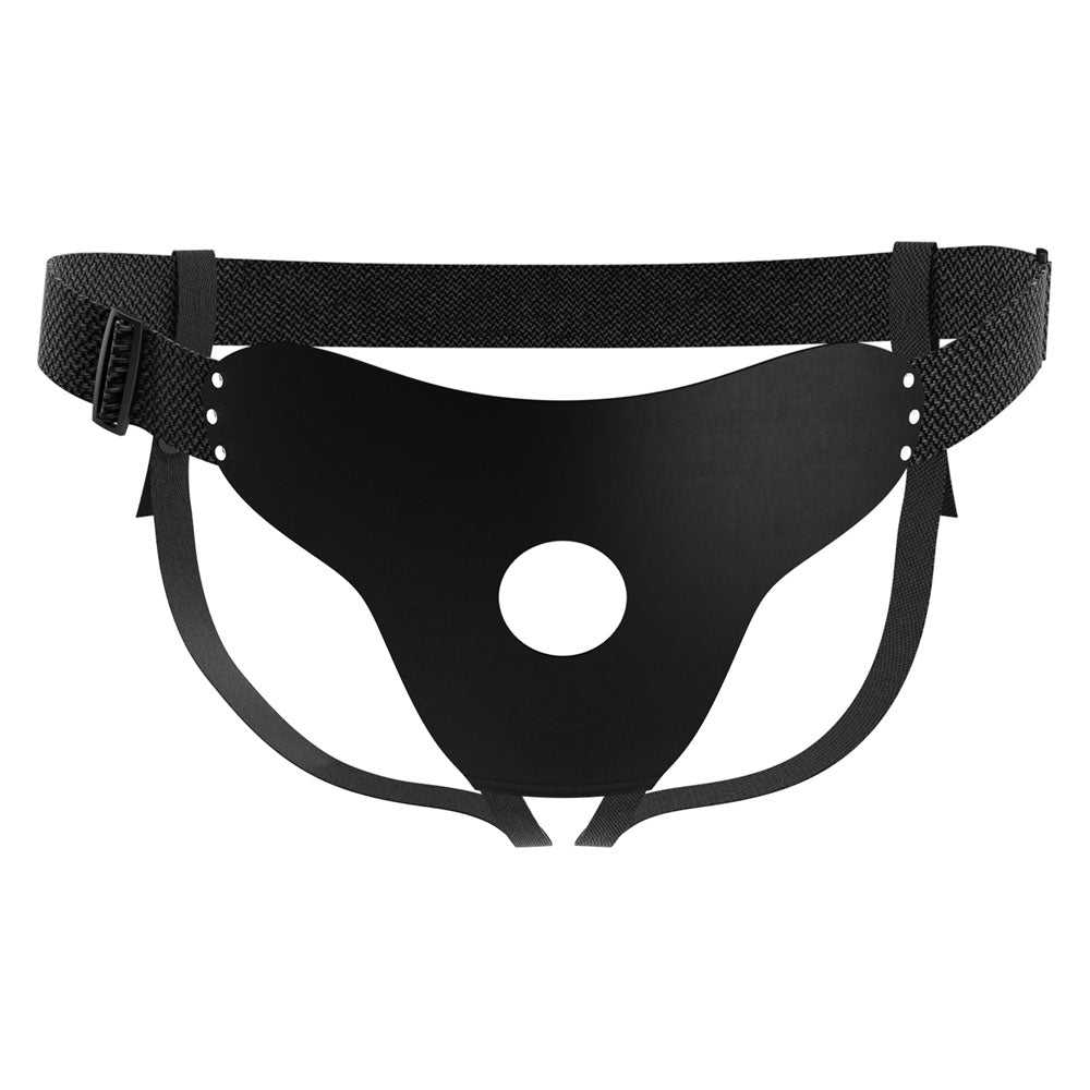 Front view of black strap-on on clear white background | Flirty Bay, sex toys for couple Australia